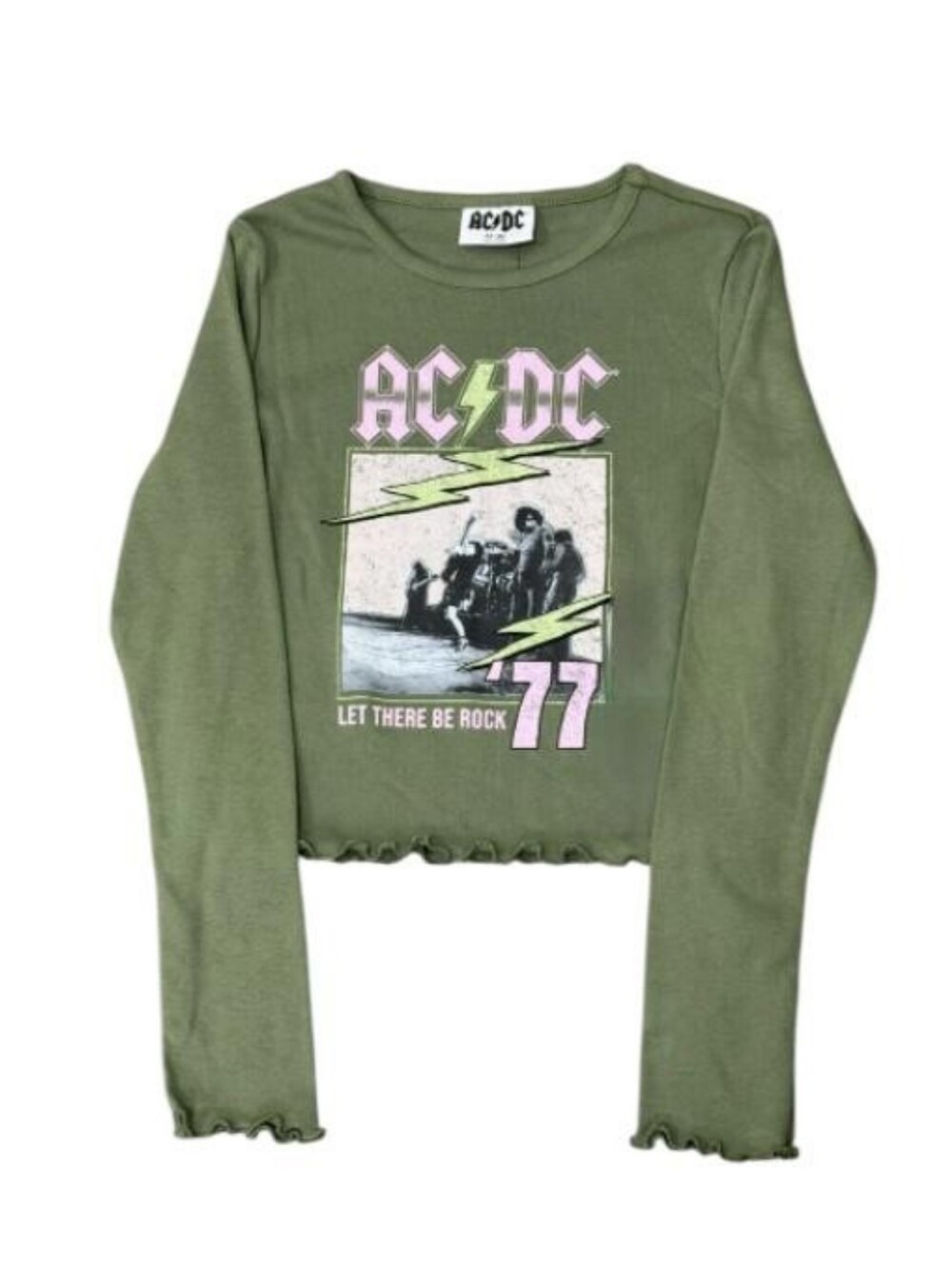 AC/DC Olive Green Long-Sleeve Graphic Crop Tee with Pink Accents